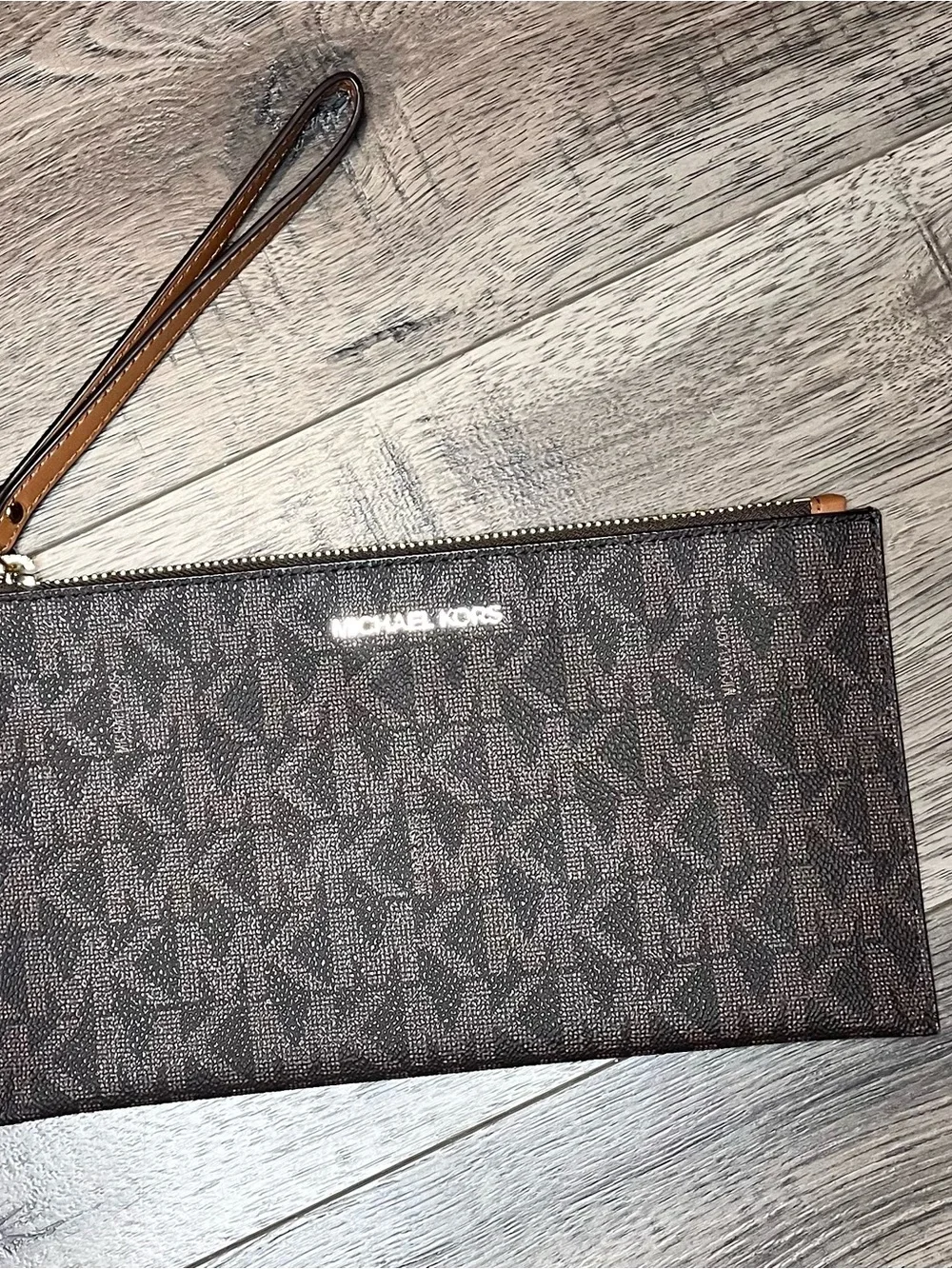 Michael Kors Dark Brown MK Logo Wristlet Clutch with Tan Strap
